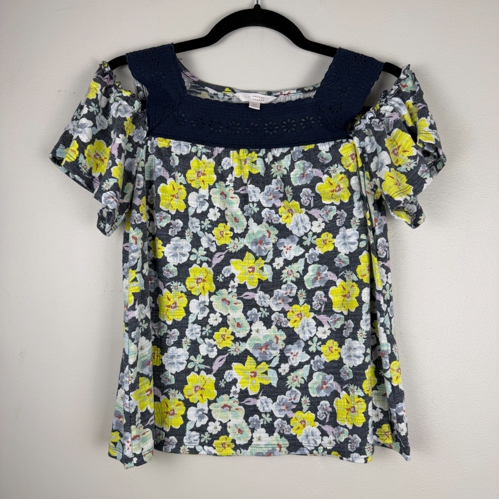 Lauren Conrad Top Women's XS Gray‎ Yellow Floral Cold Shoulder Lace Trim Stretch